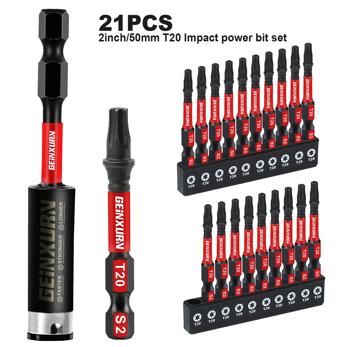 2" Impact Magnetic T20 Torx Screwdriver Bit Set – S2 Alloy Steel Power Bits with Base