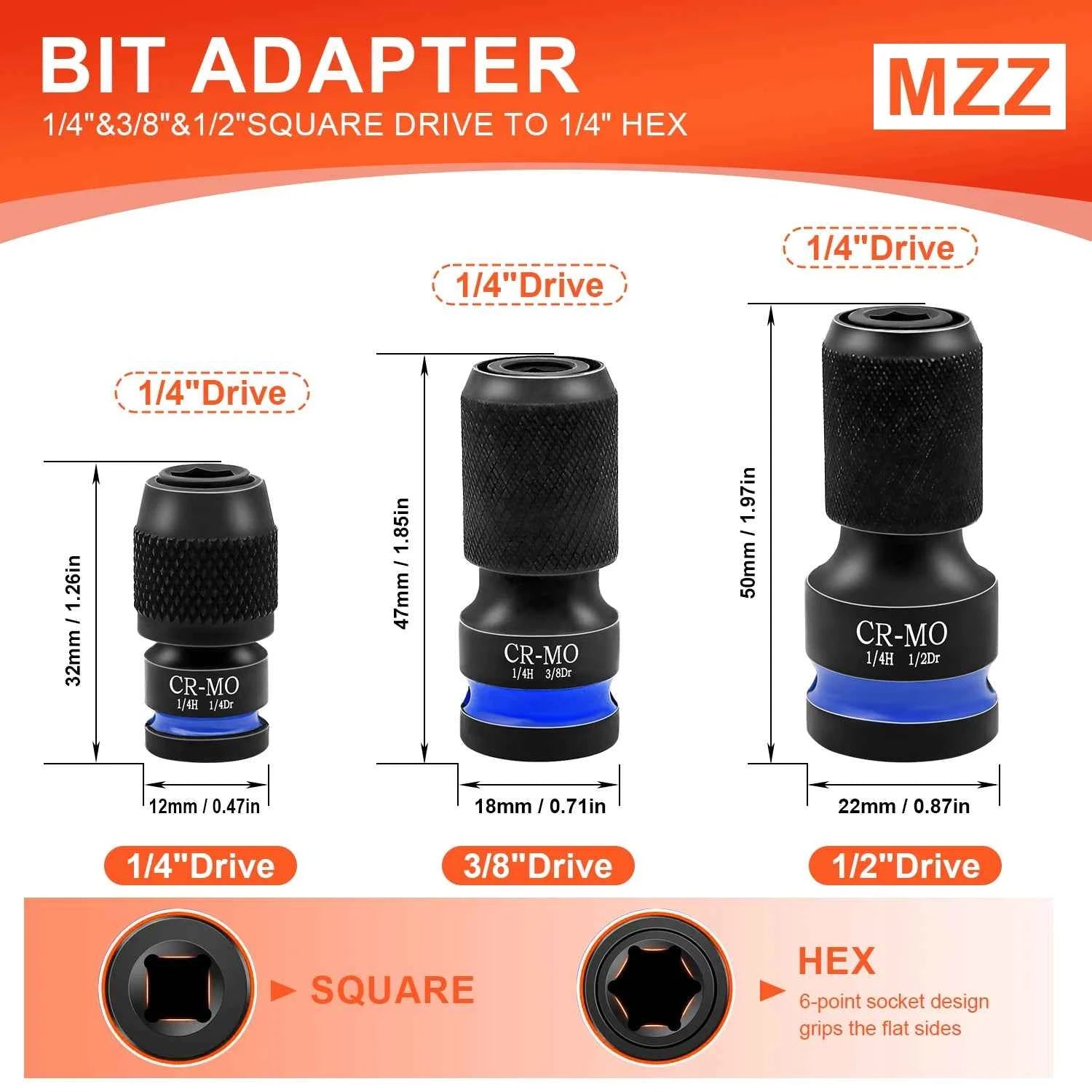 3pcs Impact Hex Converter for Screwdriver Bit 1/2 3/8 1/4-Inch Square Drive to 1/4-Inch Quick Release