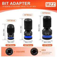 3pcs Impact Hex Converter for Screwdriver Bit 1/2 3/8 1/4-Inch Square Drive to 1/4-Inch Quick Release