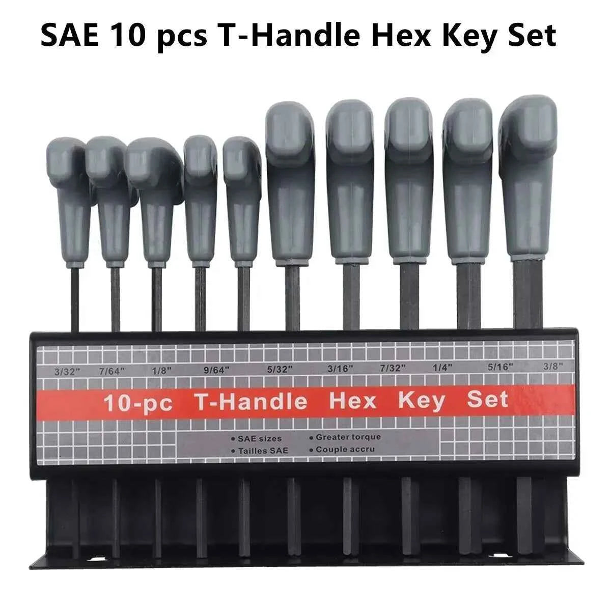 10 Pcs Professional T-Handle Hex Key Set | Metric or SAE Master Allen Wrench Kit with Wall-Mount Storage Stand