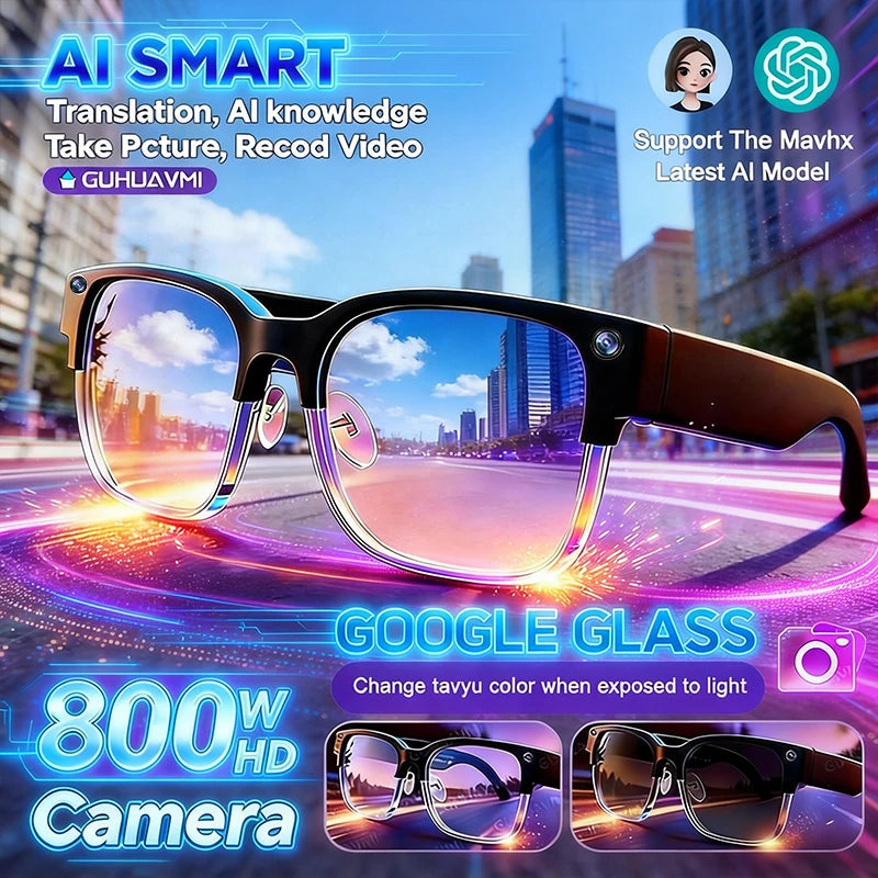 Smart glasses with cityscape background and promotional text about AI capabilities.