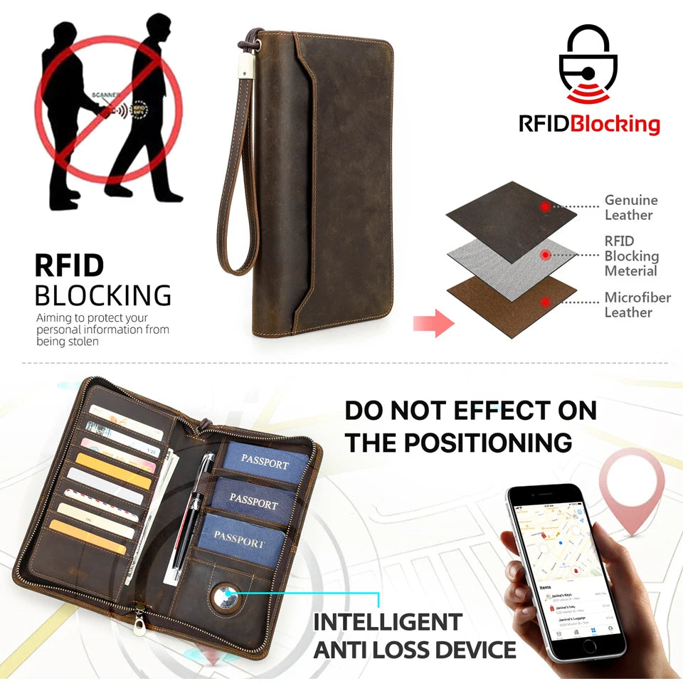 Genuine Leather Family Passport Clutch Wallet with Card Holder & Phone Pocket