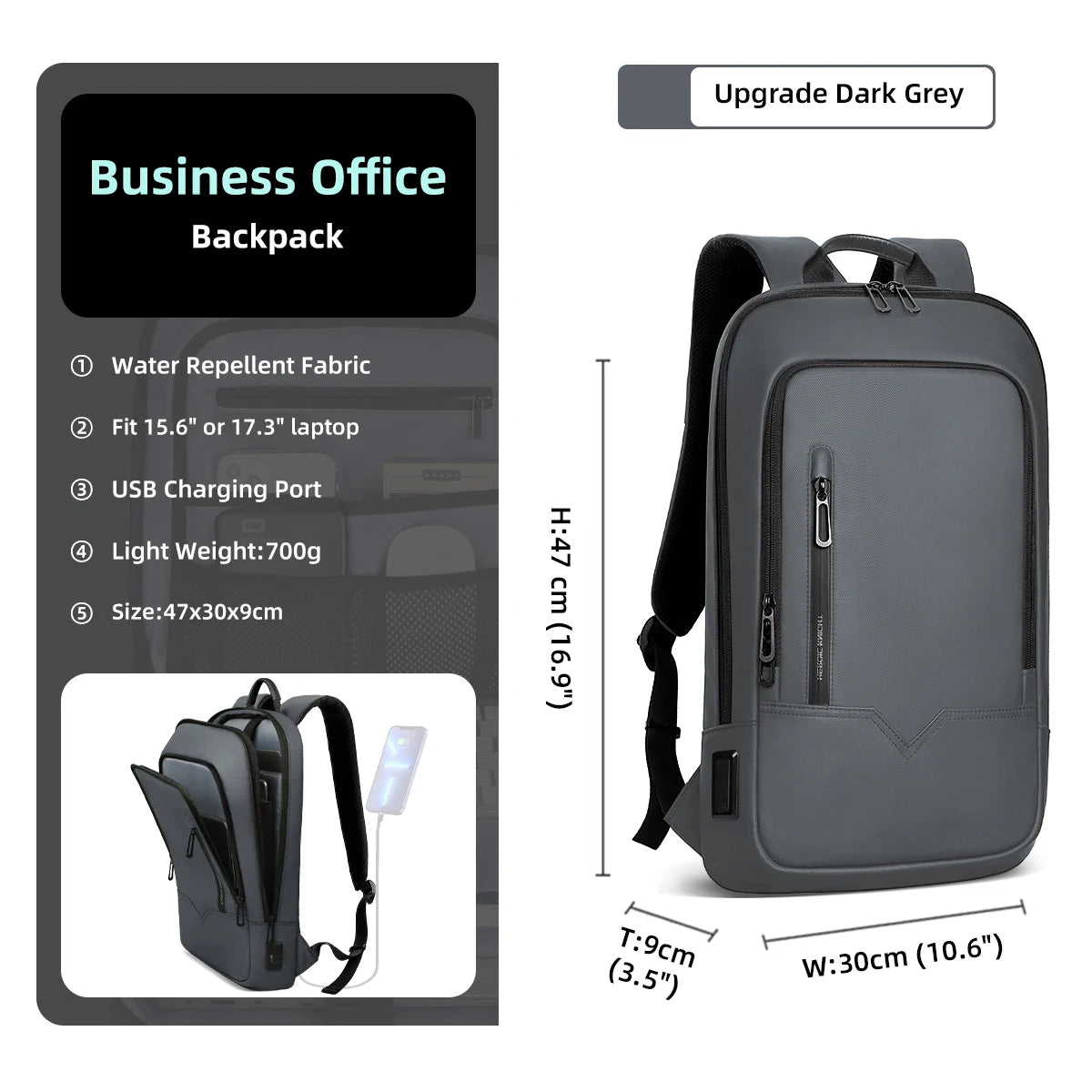 Slim Waterproof Business Backpack 15.6" with USB Charging Port