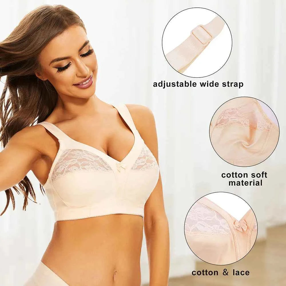 Plus Size Wire-Free Cotton Bra | Floral Lace Full Coverage Everyday Soft Comfort