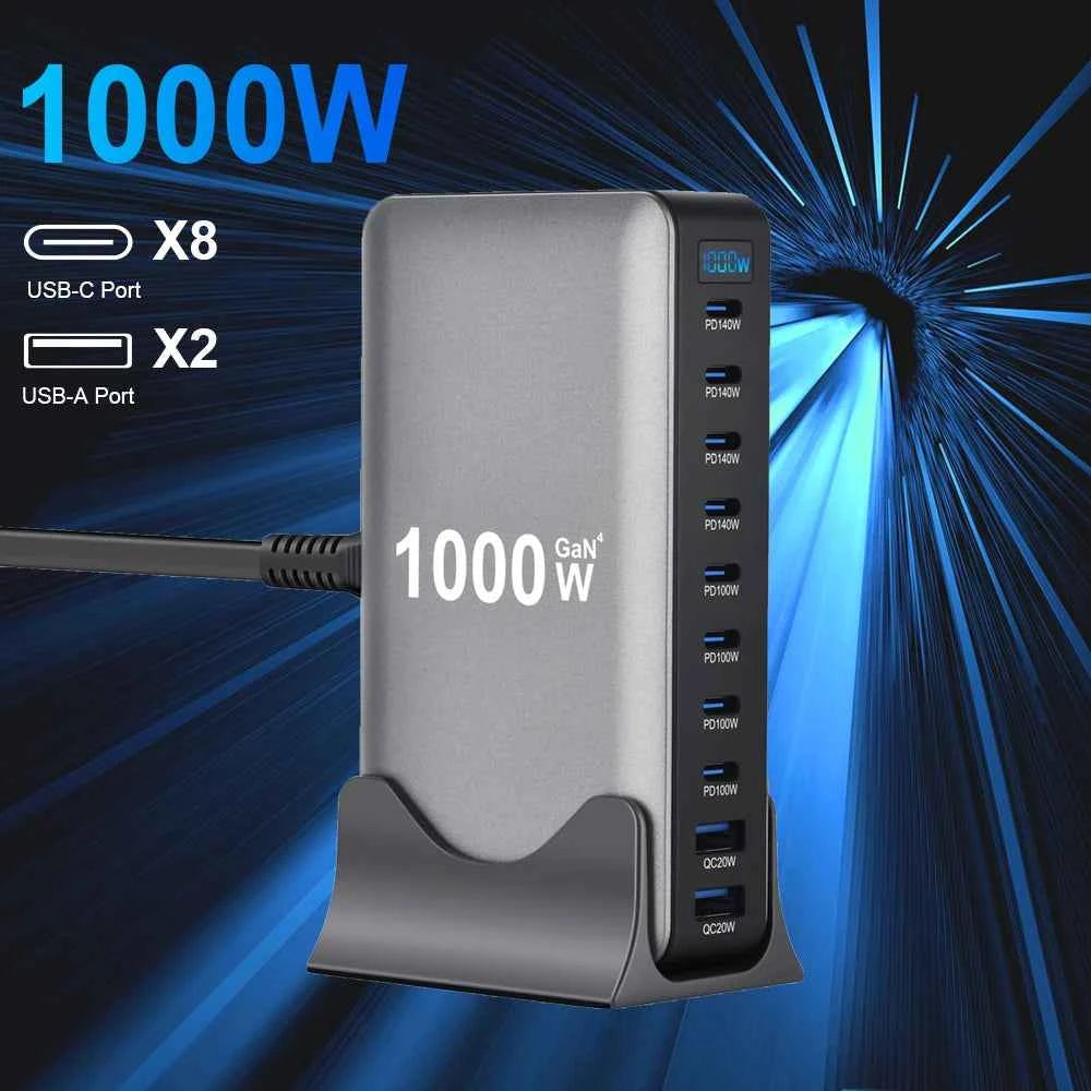 1000W GaN 10-Port USB-C Desktop Charging Station | PD3.1 Fast Charger for iPhone Samsung Laptop