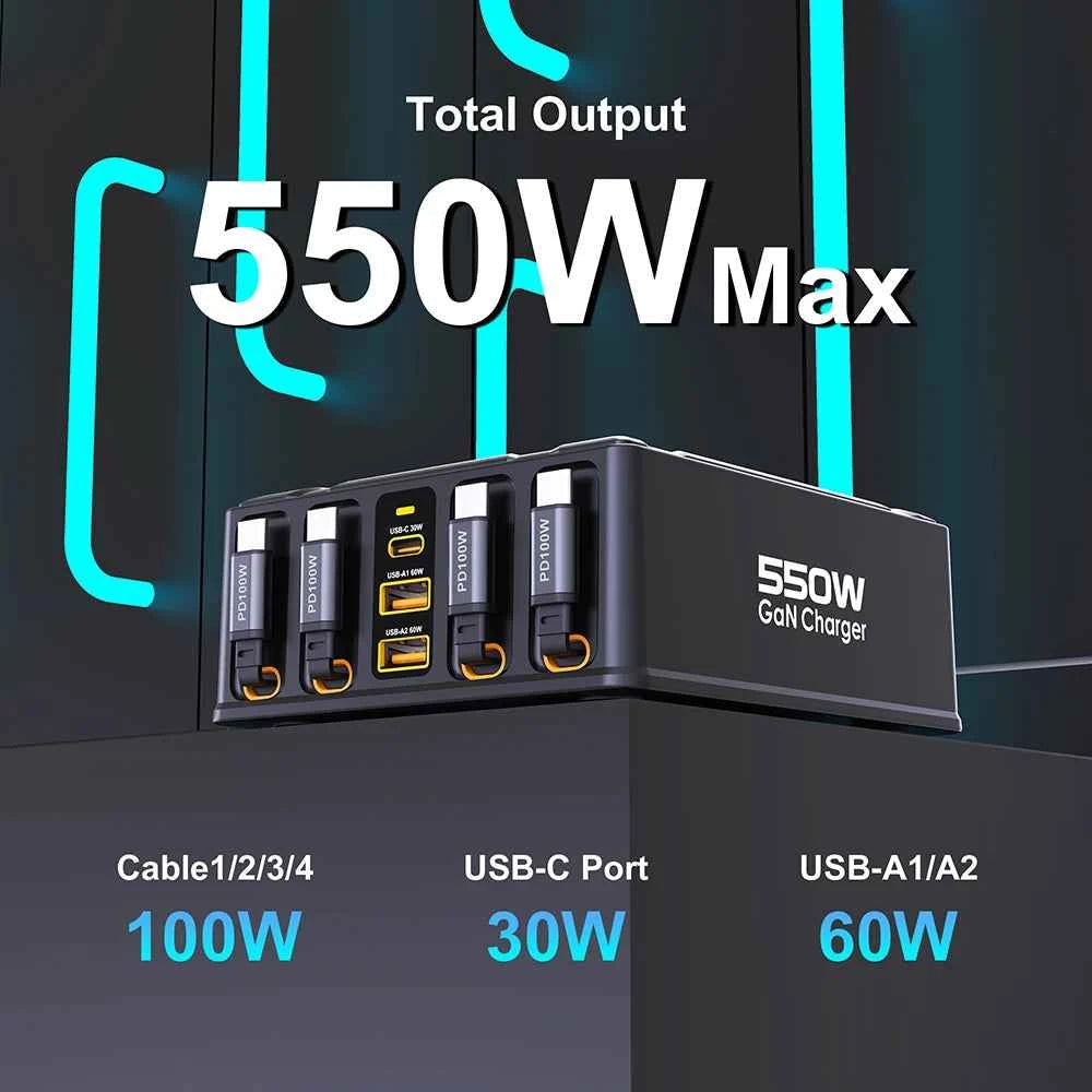 550W 7-in-1 GaN Charging Station | 100W Retractable USB-C Cable Fast Charger Laptop Phone Tablet