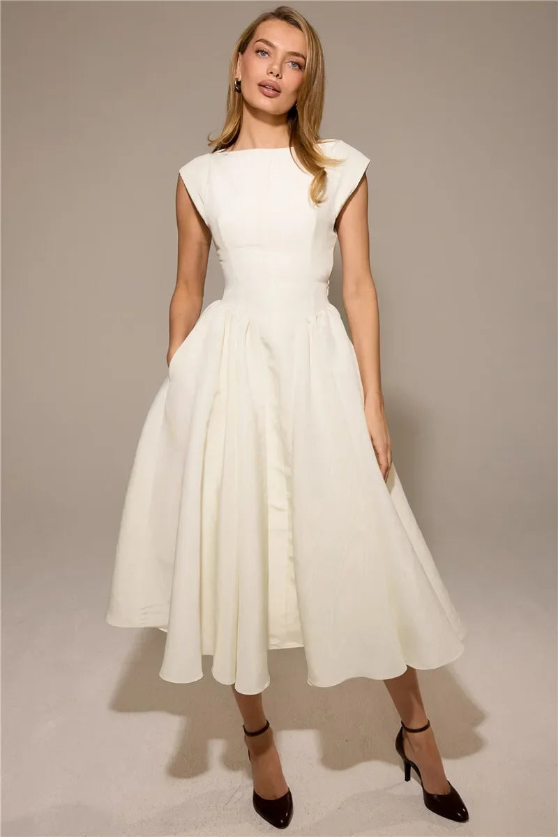 Circle Cut-Out Back Midi Dress – Women's Wide Shoulder Fitted Waist Fluffy Hem Prom & Wedding Dress
