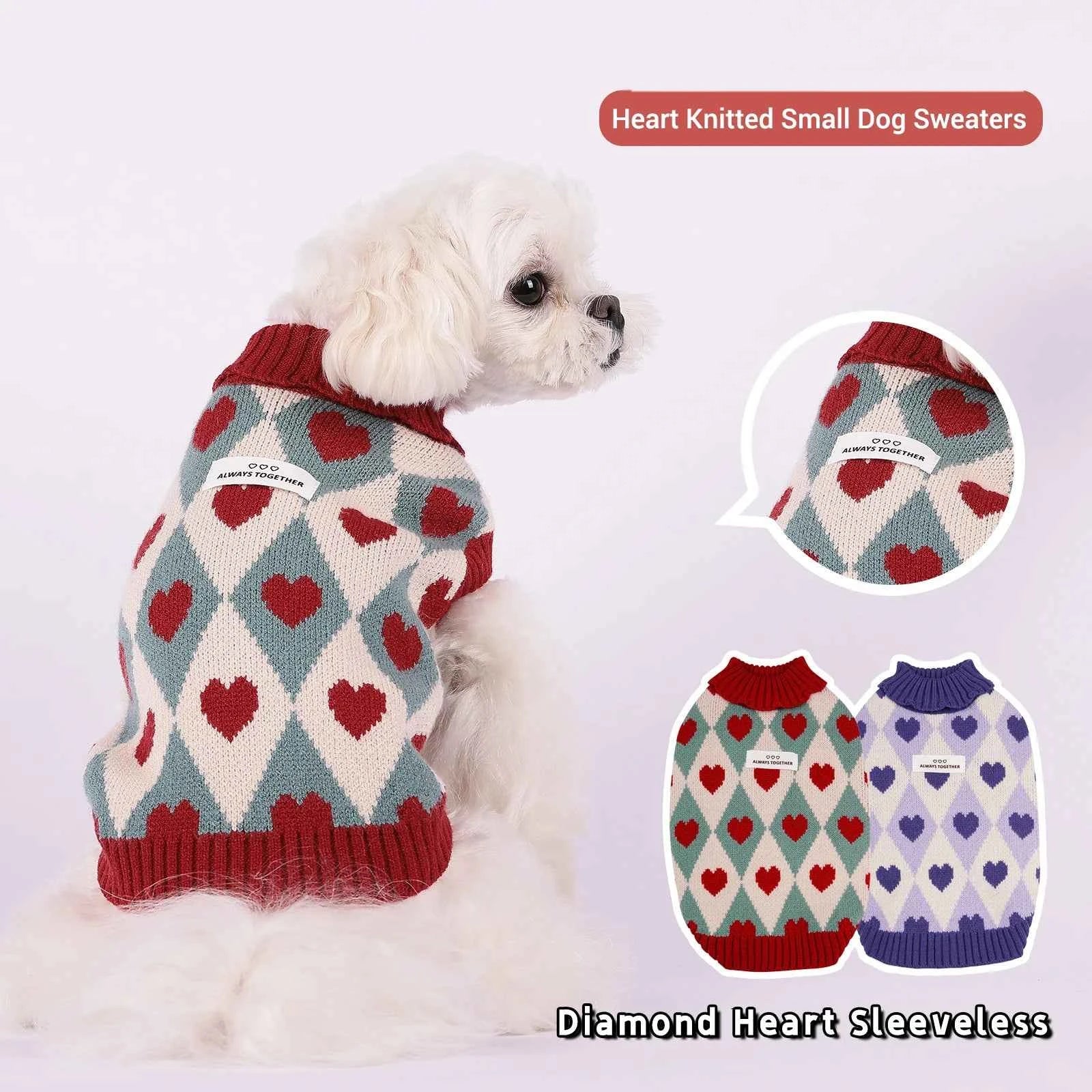 Knitted Turtleneck Dog Sweater – Diamond Heart Pattern Winter Jumper for Small Dogs & Puppies