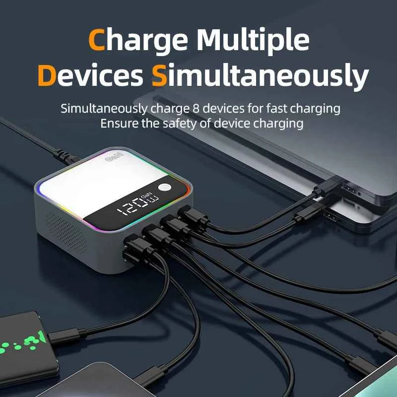 GaN USB-C 8-Port Desktop Charger | Ambient LED Lighting 100W PD PPS Fast Charger Laptop iPhone Samsung