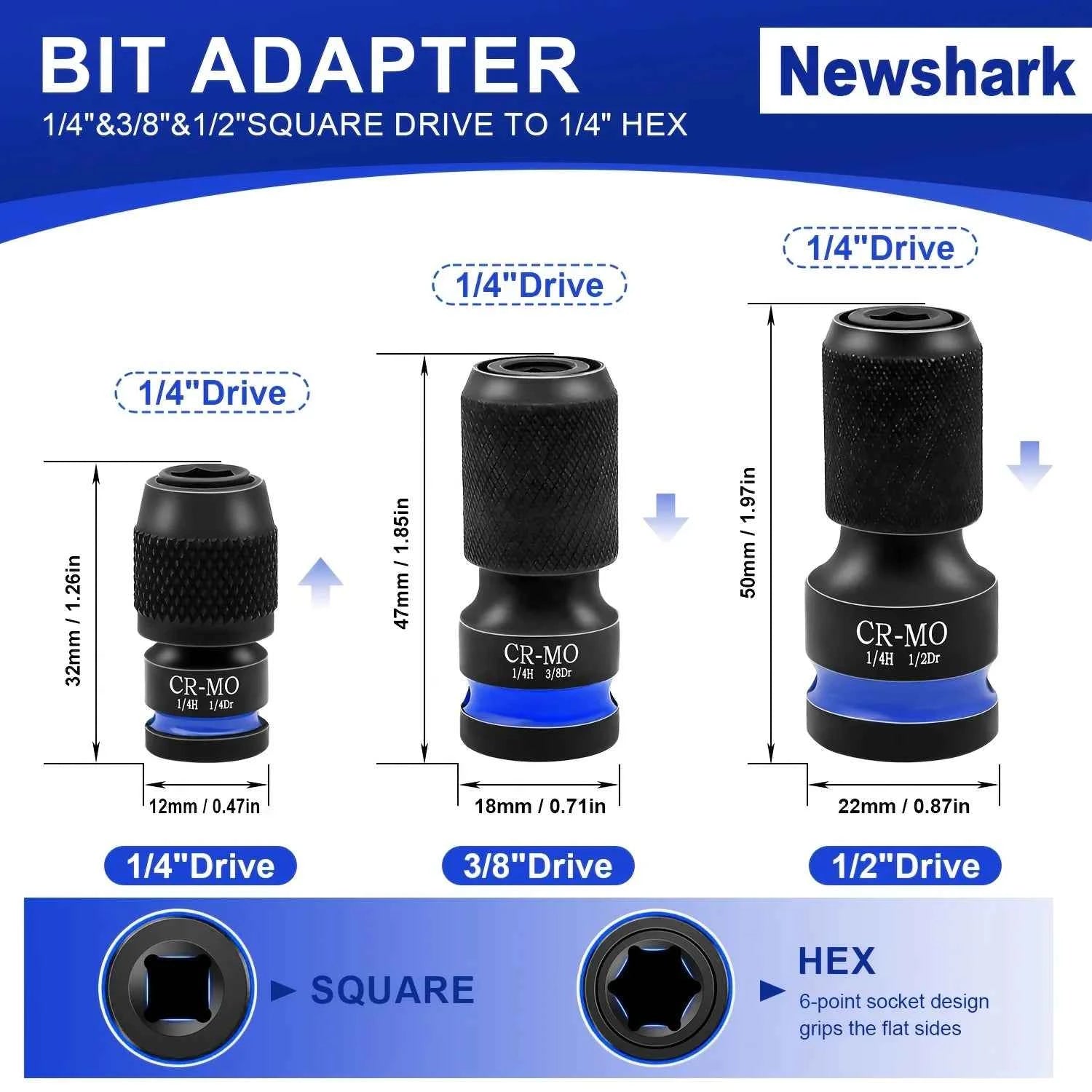 1/4 Hex Converter tools set, Quick Release Impact Bit Holders, 1/2 3/8 1/4-INCH Drive Female to 1/4-Inch Hex Adapter