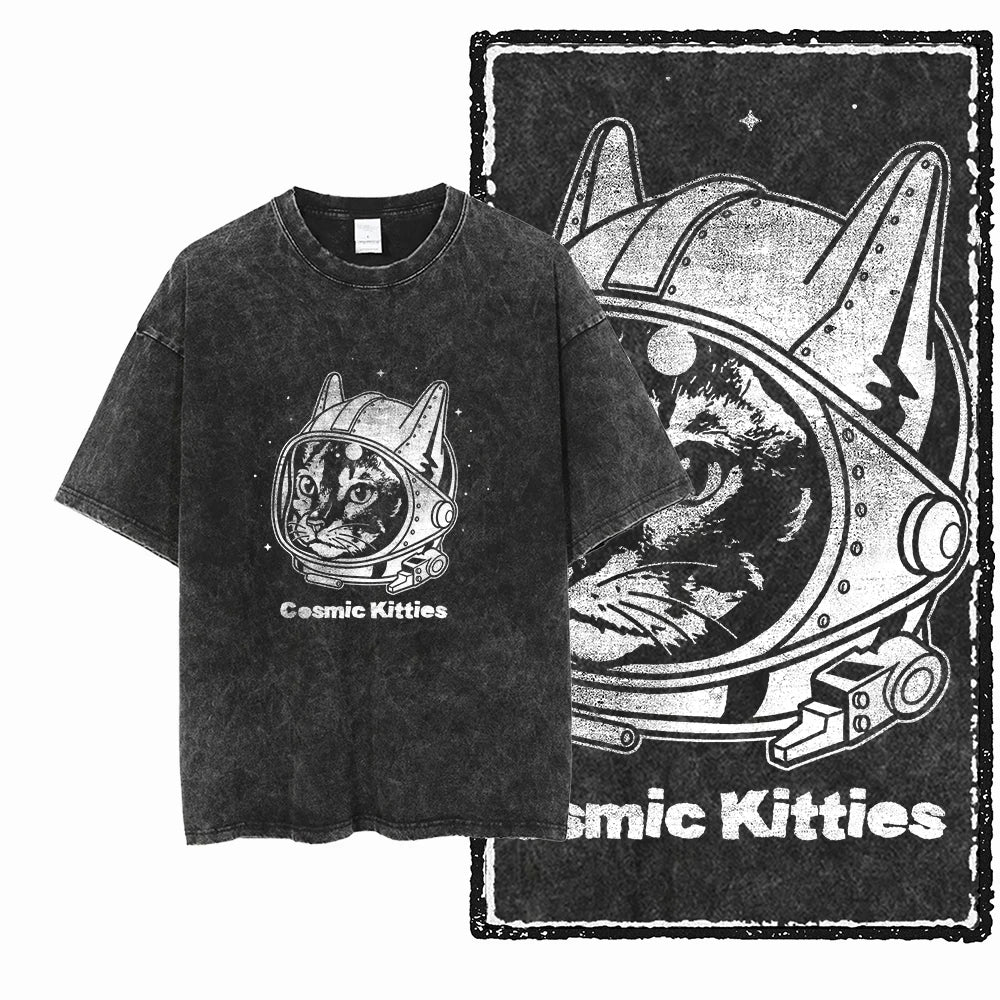 Acid Washed Cat Graphic Unisex T-Shirt | Cotton Streetwear Big Size Vintage Tee