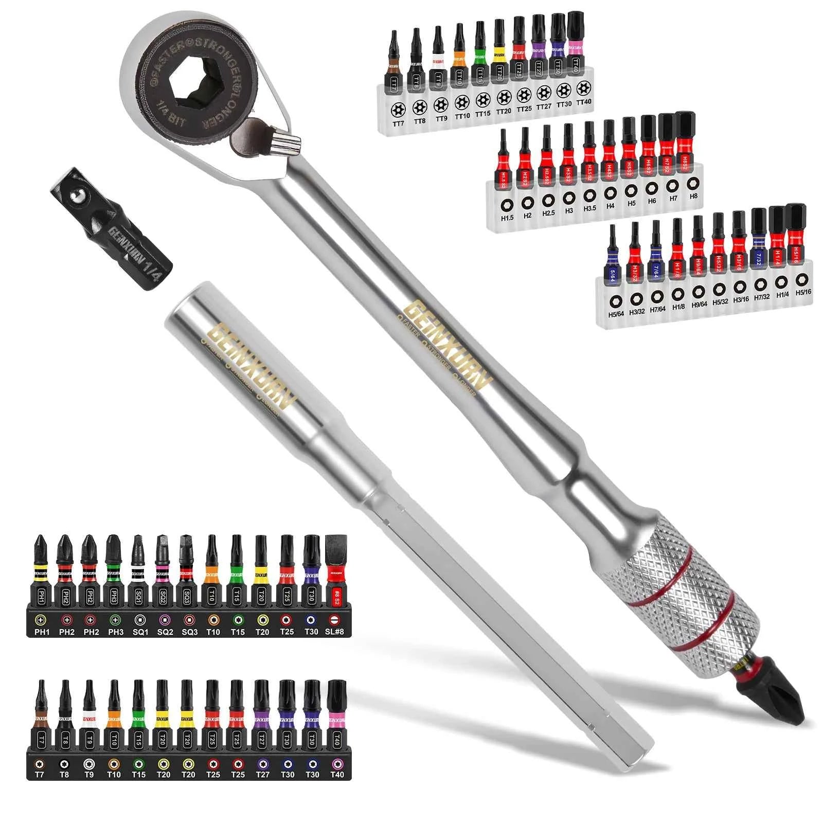 Mini Ratchet Wrench Set 33pcs | 1/4" Adapter S2 Steel Magnetic Screwdriver Bits Colour-Coded Base