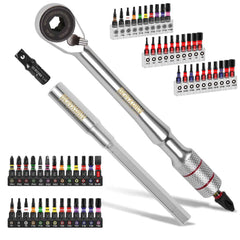 Mini Ratchet Wrench Set 33pcs | 1/4" Adapter S2 Steel Magnetic Screwdriver Bits Colour-Coded Base