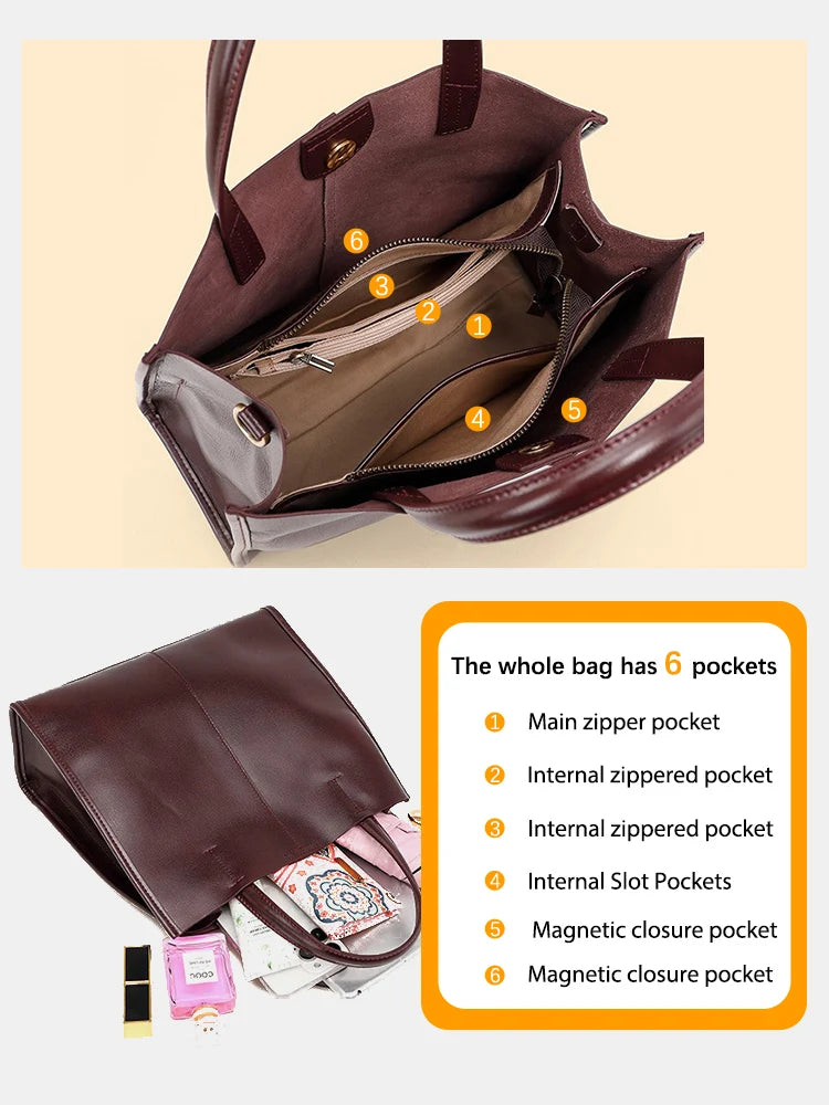 Genuine Leather Oil Wax Tote Bag – Large Capacity Vintage Shoulder & Crossbody Shopper for Women