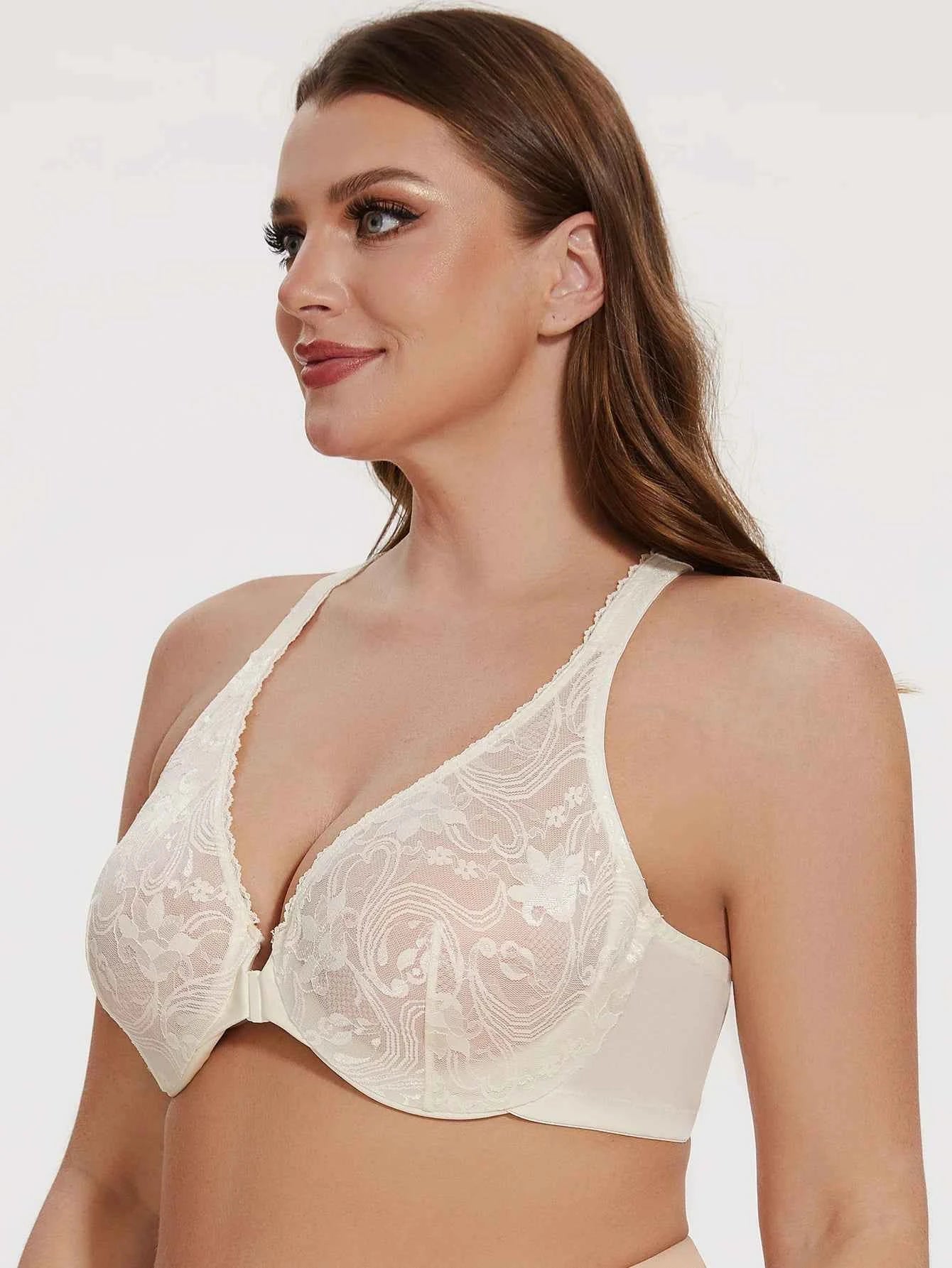 Plus Size Front Closure Racerback Bra | Lace Underwire Unlined Full Coverage