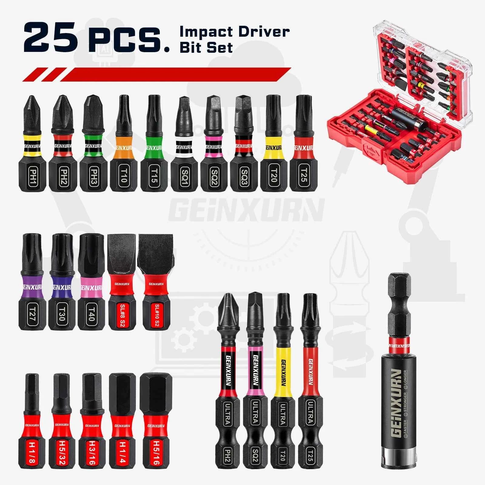 25Pcs Ultra torque Impact Screwdriver Bit Set Mixed Multi Insert Bit Tips with Bit Holder and Storage Case
