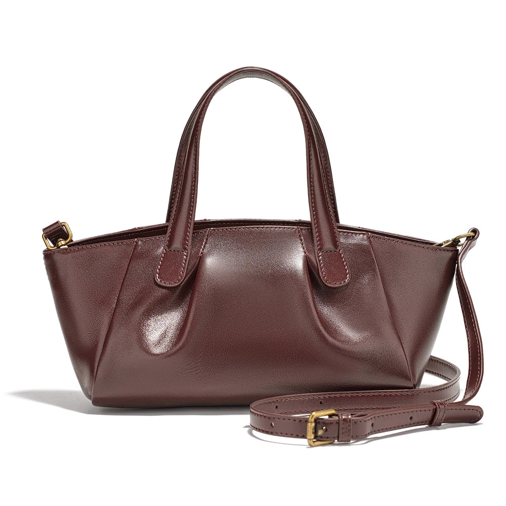 Ruched Genuine Leather Small Satchel