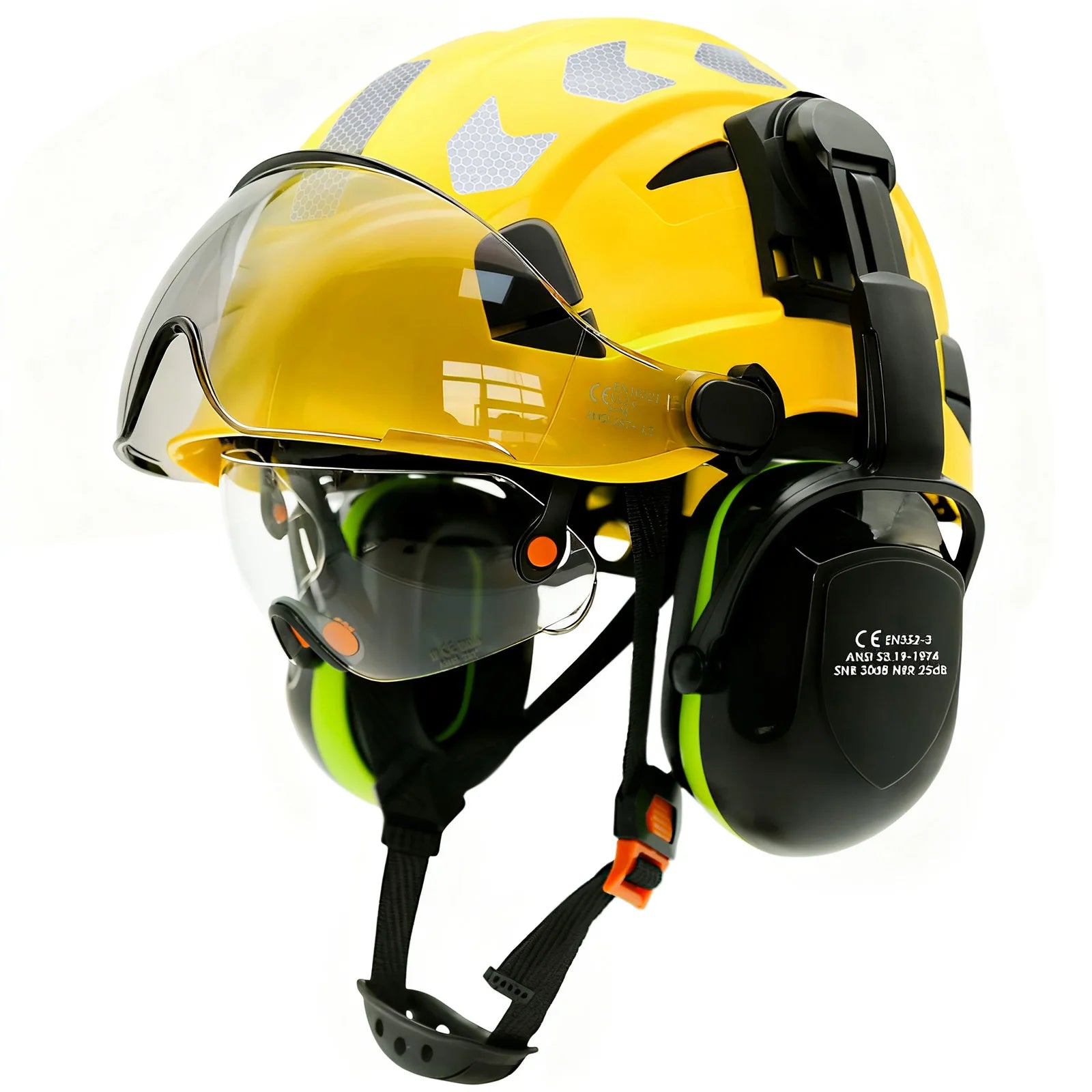 Vented construction safety helmet with double visors and earmuffs – image 8