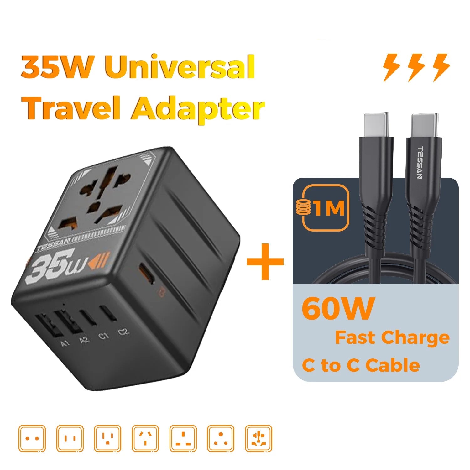 65W GaN Universal Travel Adapter with USB Type C by Snagg A Travel Adapter