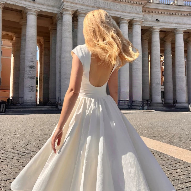 Circle Cut-Out Back Midi Dress – Women's Wide Shoulder Fitted Waist Fluffy Hem Prom & Wedding Dress