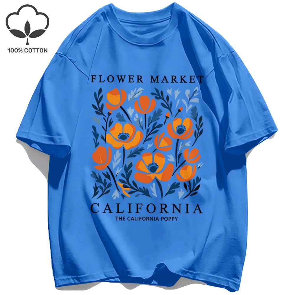 Women's California Yellow Flowers Market Print T-Shirt | Soft Cotton O-Neck Casual Crewneck Short Sleeve