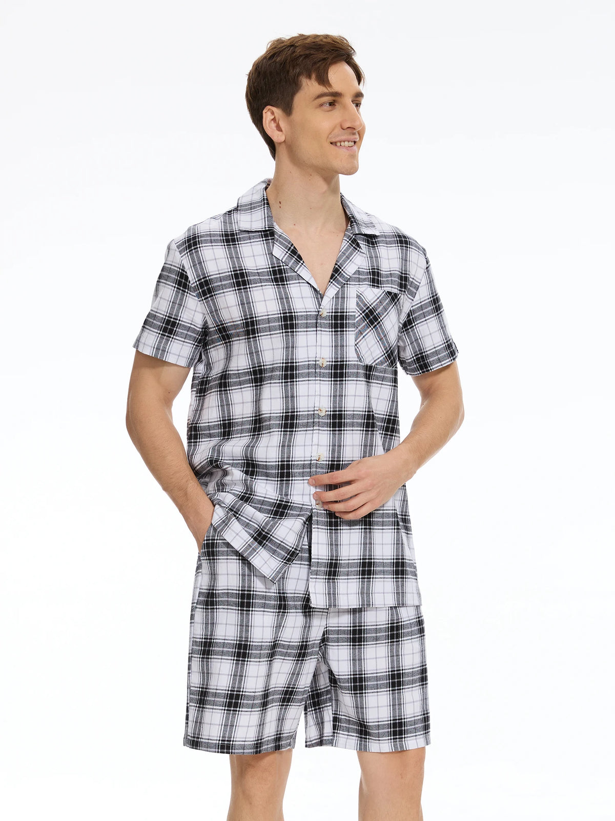 Men's Cotton Short Pajama Set | 2-Piece Breathable Button Top & Elastic Shorts Summer Loungewear