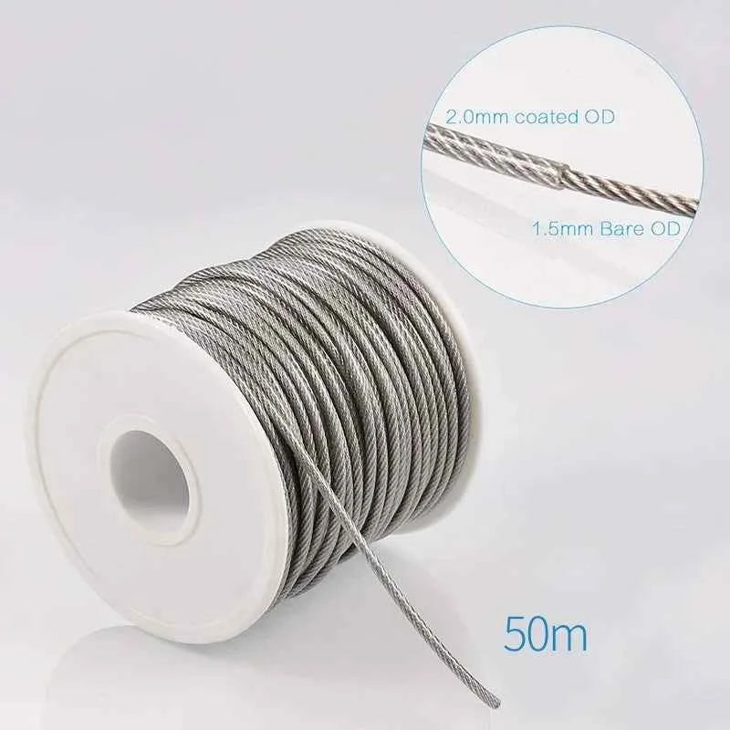 56pcs Stainless Steel Clothesline Kit 50M | 2mm PVC Coated Flexible Wire Rope Transparent Cable Set