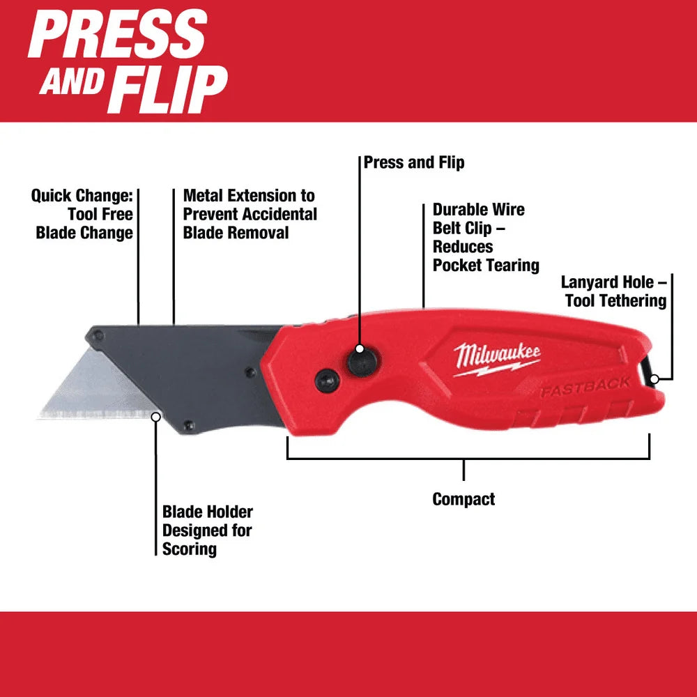Milwaukee FASTBACK™ Compact Folding Utility Knife – Press & Flip Design - FASTBACK
