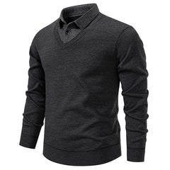 Men’s "Fake Two Piece" Thermal Pullover | Slim Fit Fleece Lined Smart Casual Sweater