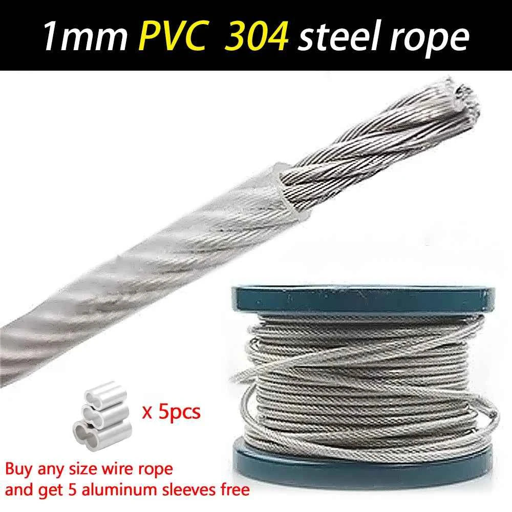 1mm PVC Transparent Coated Steel Wire Rope 7×7 | Flexible Soft Cable 20/50/100M Hanging Line