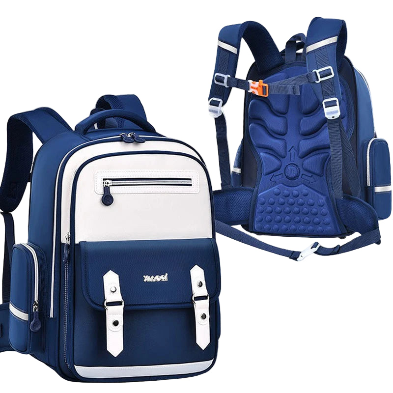 Blue and white backpack with detailed view on a light blue background