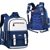 Blue and white backpack with detailed view on a light blue background