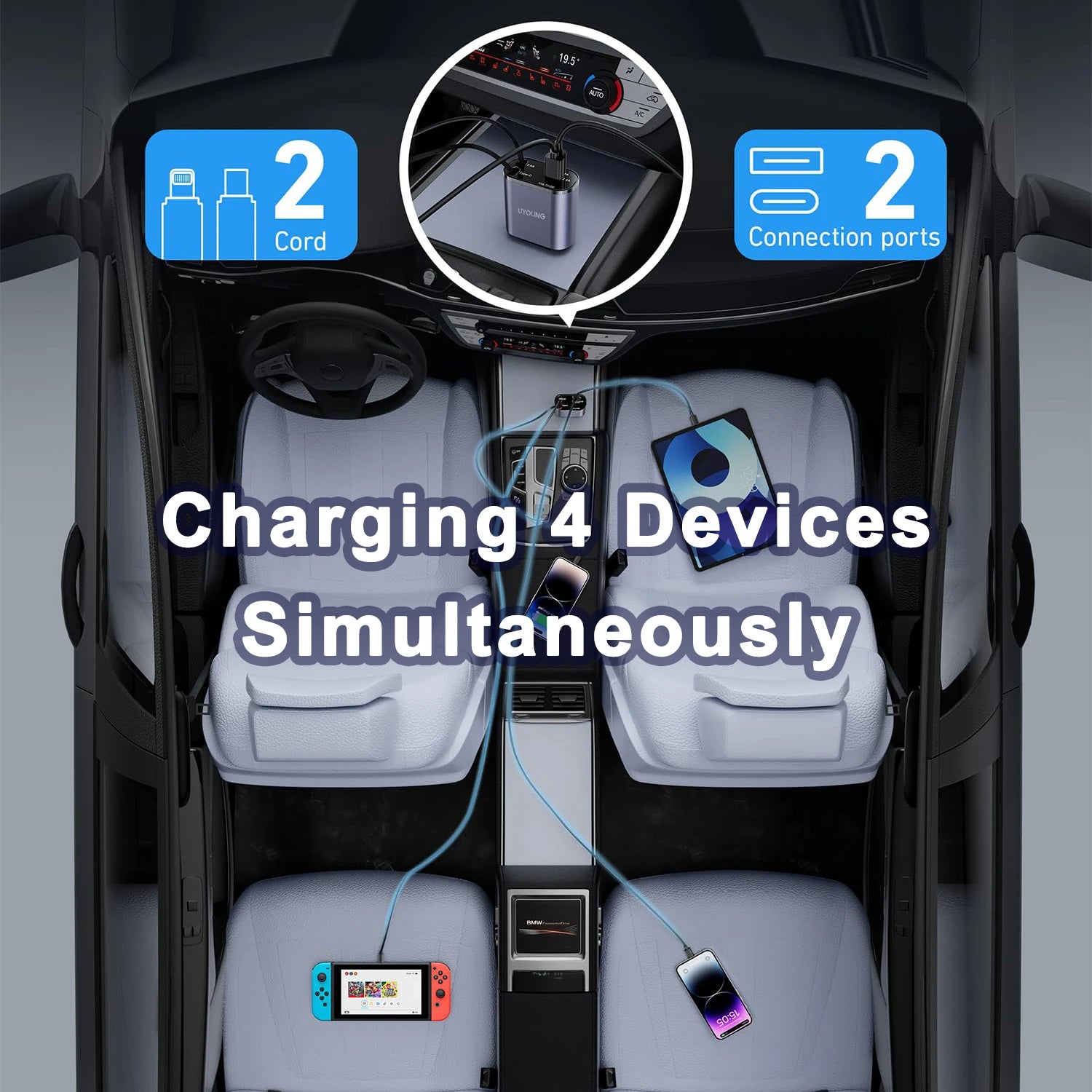 120/66w - 4 in 1 Retractable Car Charger by Snagg A Car Adapter