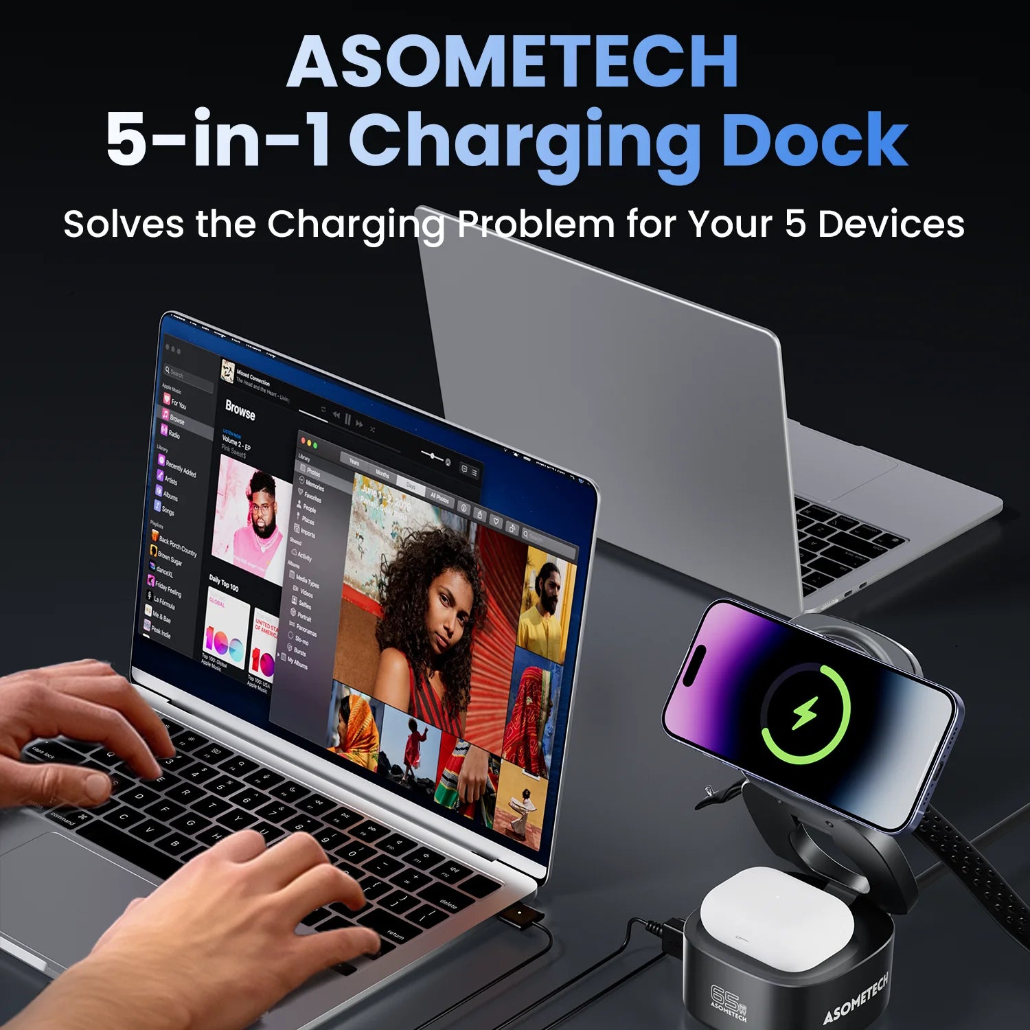 Magnetic 5-in-1 Wireless Charger Stand | 65W GaN Fast Charging Dock for MacBook iPhone Apple Watch AirPods