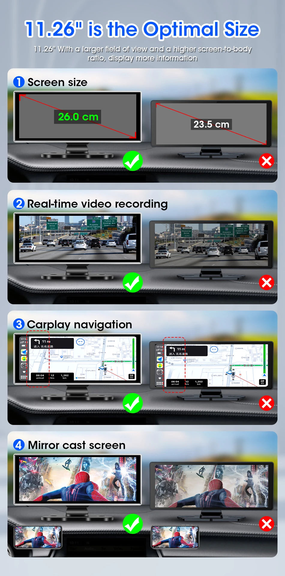 10/11.26 inch Dash Cam 4K Car DVR Wireless Carplay & Android Auto GPS Navigation Video Recorder Dashboard Dual Lens Wifi FM AUX by SnaggIt
