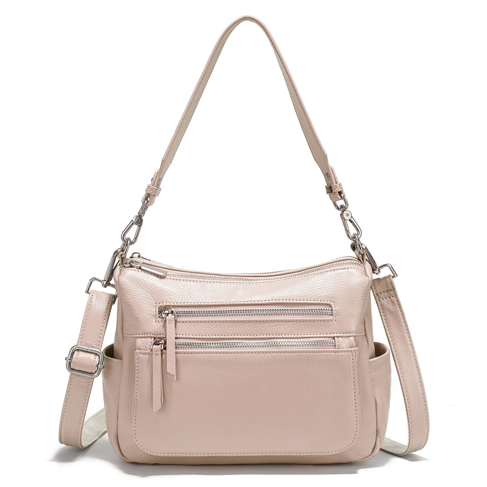 Cowhide Leather Multi-Pocket Crossbody Handbag – Fashion Shoulder & Commuter Shopper Bag for Women