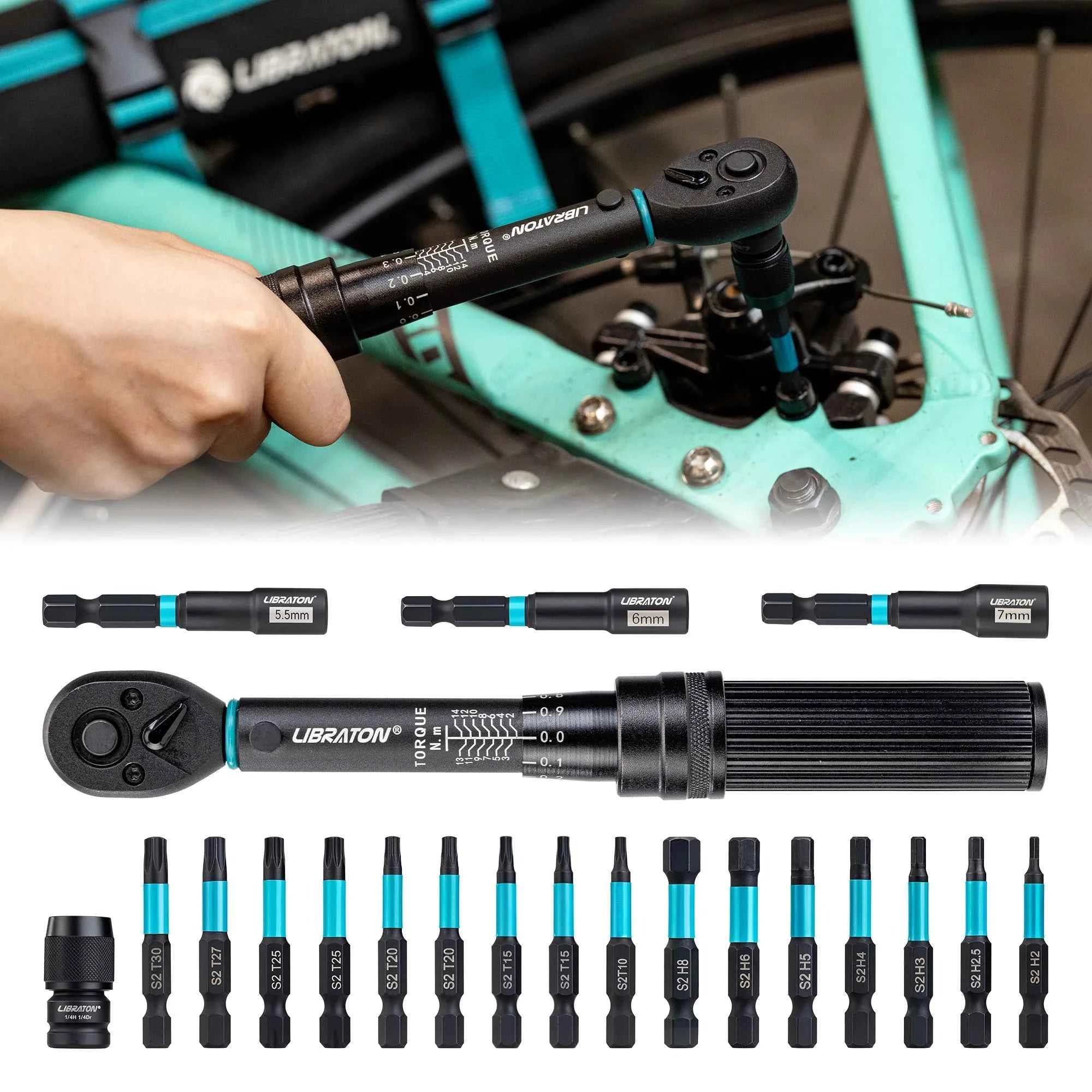 21 Piece Bike Torque Wrench Set – 1/4" Drive Click Torque Wrench with Hex, Torx & Nut Driver Bits for Bicycle & Motorcycle Repair