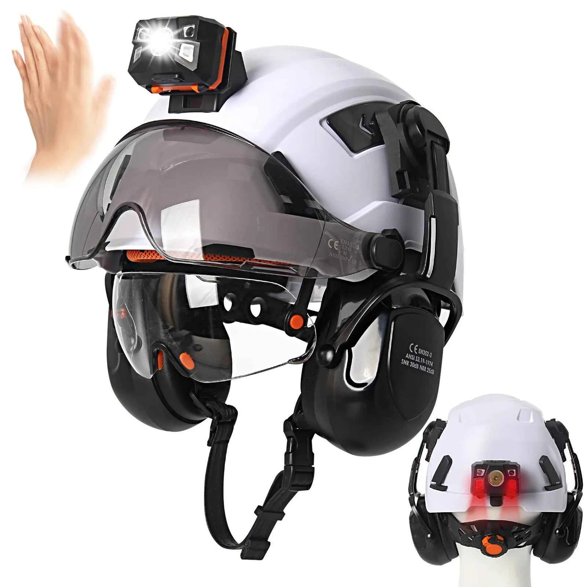 Construction safety helmet with head lamp and mounted earmuffs – image 1