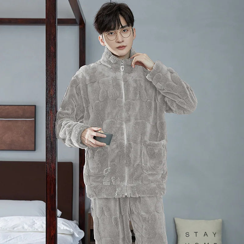 Men's Coral Fleece Pajama Set | Thickened Flocking Long Sleeve Winter Warm Couple Loungewear