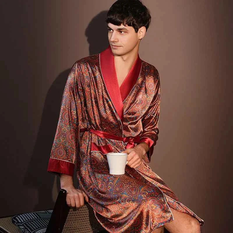 Men's Ice Silk Printed Bathrobe | Thin Summer Nightrobe Large Size Loungewear