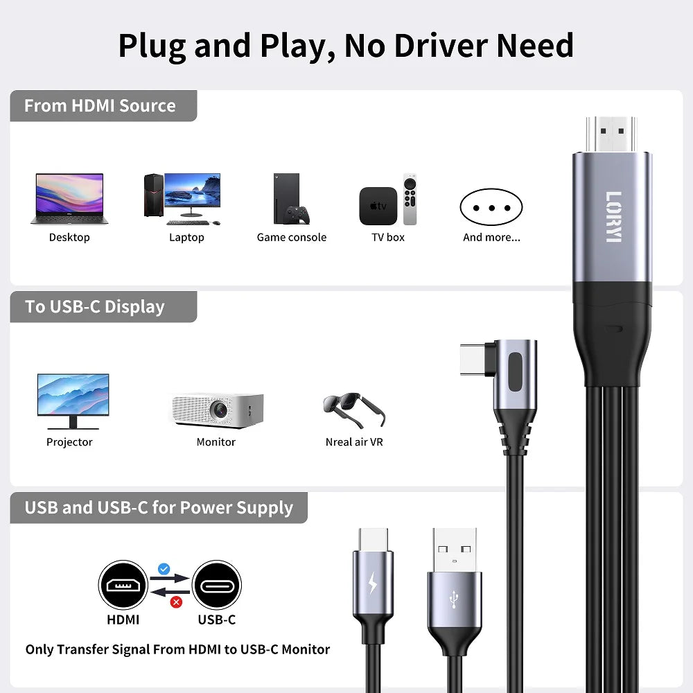 90-Degree HDMI to USB-C Cable 4K@60Hz 2.5M – Touch Monitor Support for Xreal, Xbox, PS5 & Laptop