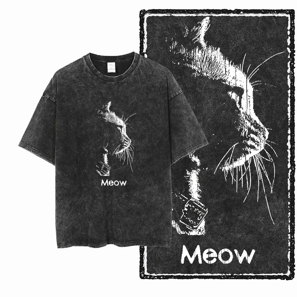 Acid Washed Cat Graphic Unisex T-Shirt | Cotton Streetwear Big Size Vintage Tee
