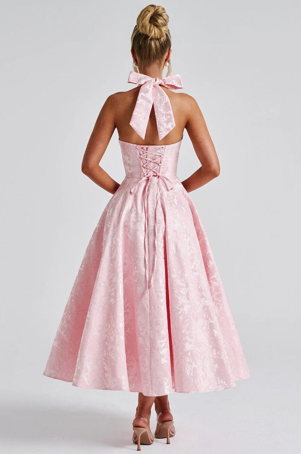 Backless Lace-Up A-Line Midi Dress – Women's Deep V-Neck High Waist Pleated Evening Party Dress