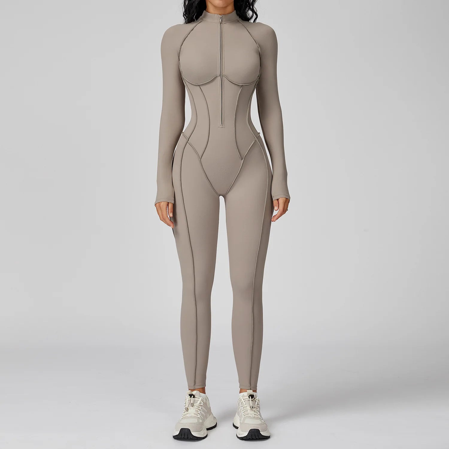 Women's Long Sleeve Yoga Bodysuit | Zipper One-Piece Gym Jumpsuit High-Intensity Fitness Tights