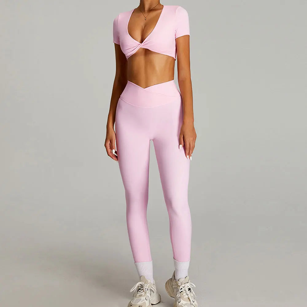 Women's 2-Piece Short Sleeve Yoga Suit | Quick-Dry Gym Tracksuit Running Workout Sports Set