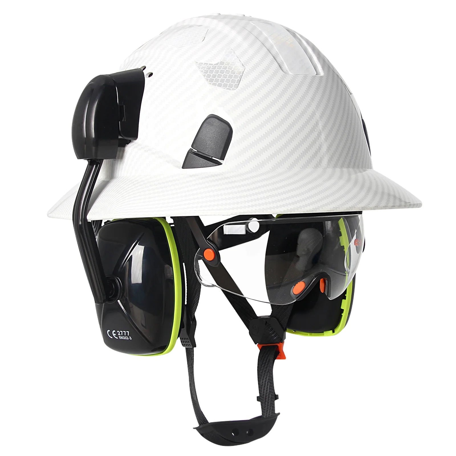 Full brim construction safety helmet with goggles, earmuffs and reflective stickers – image 12