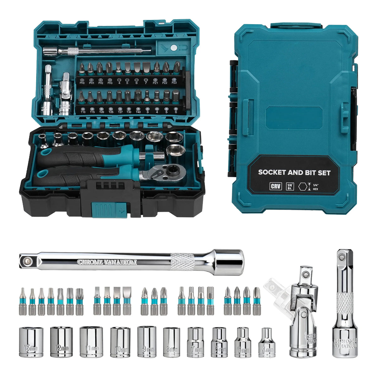 37-Piece 1/4" Mini Ratchet Socket Set – 4–13mm Magnetic Drive Handle, Extensions & Universal Joint for DIY & Car Repair