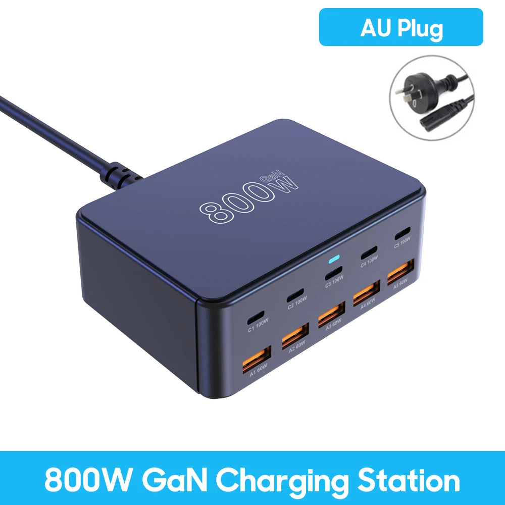 800W GaN 10-Port Fast Desktop Charging Station | USB-C PD Fast Charger iPhone Samsung MacBook Laptop