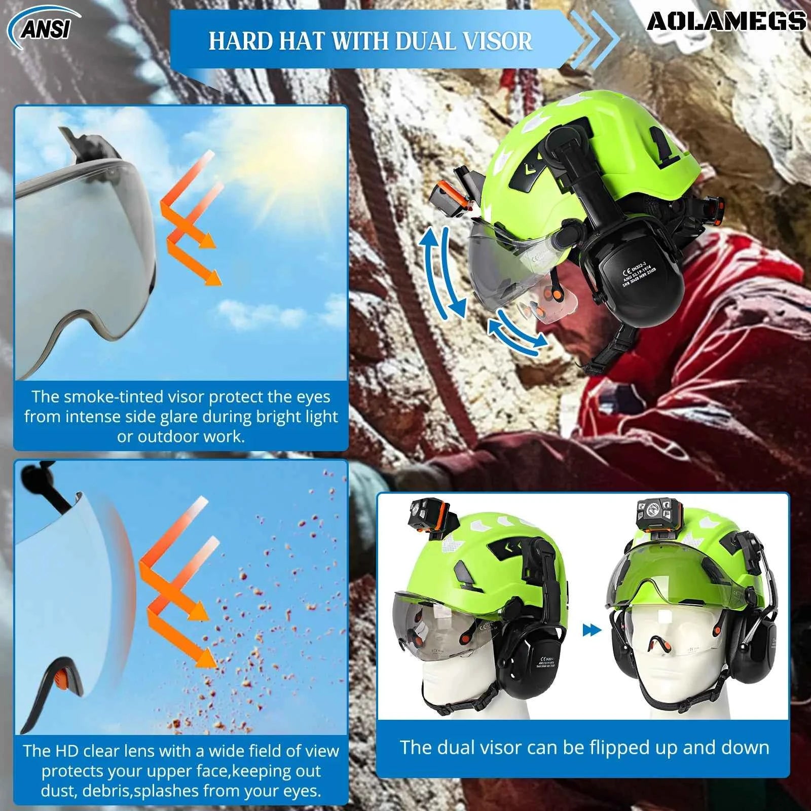 Construction safety helmet with earmuffs and head lamp – image 3