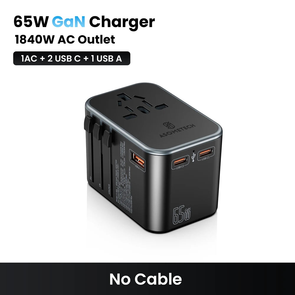 65W GaN Universal Travel Adapter | PD All-in-One Worldwide Wall Charger for USA EU AUS UK Plug